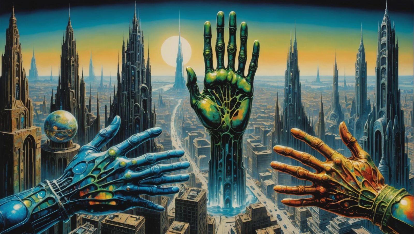Holographic Hands in Melted Cityscape: Surreal Concept Art