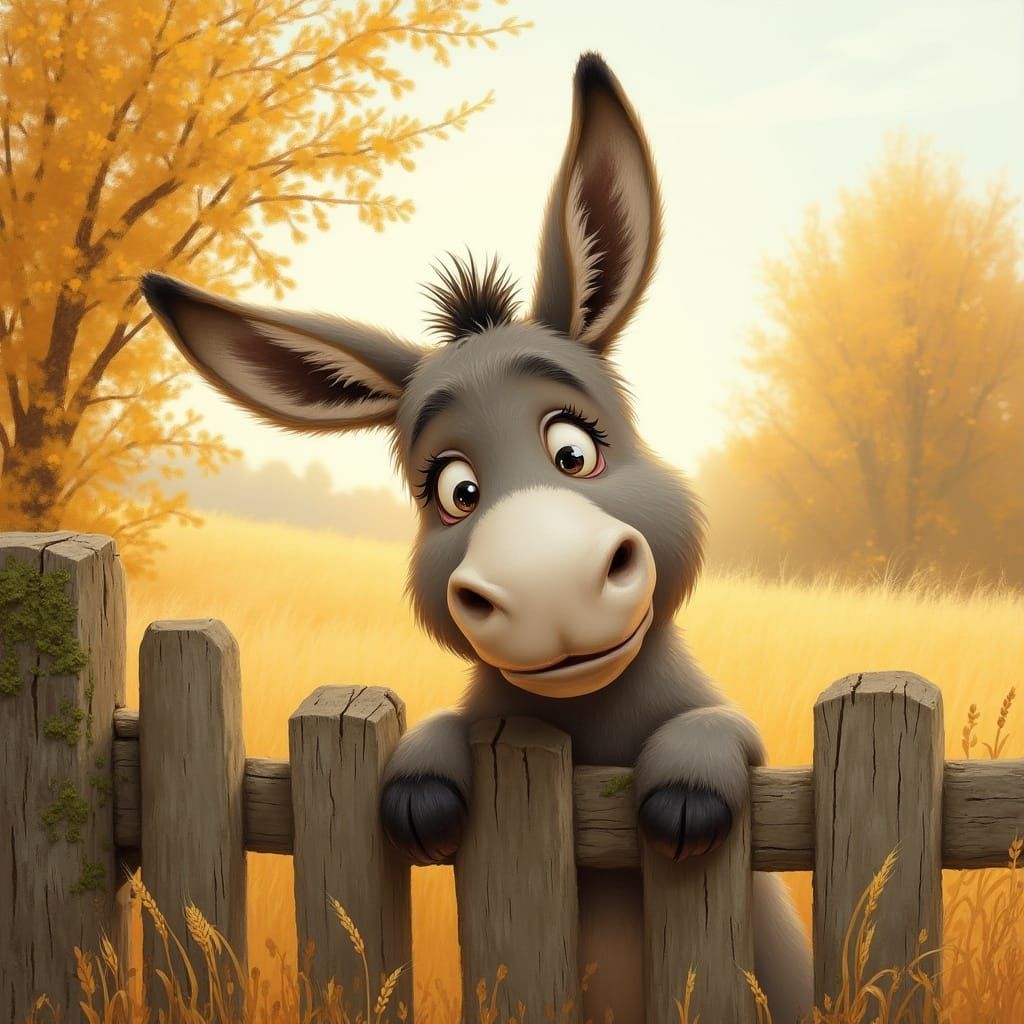 Gentle Donkey Peeks Over Rustic Fence in Sun-Drenched Countr...