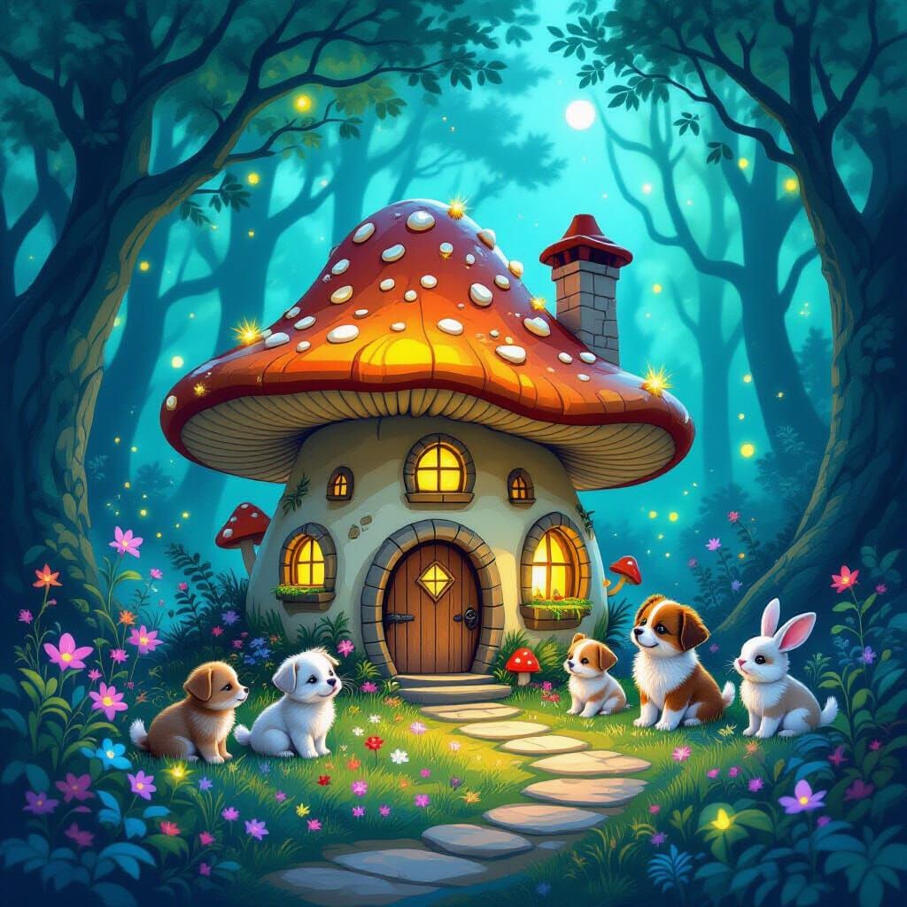 Fairy Mushroom House in Bioluminescent Forest