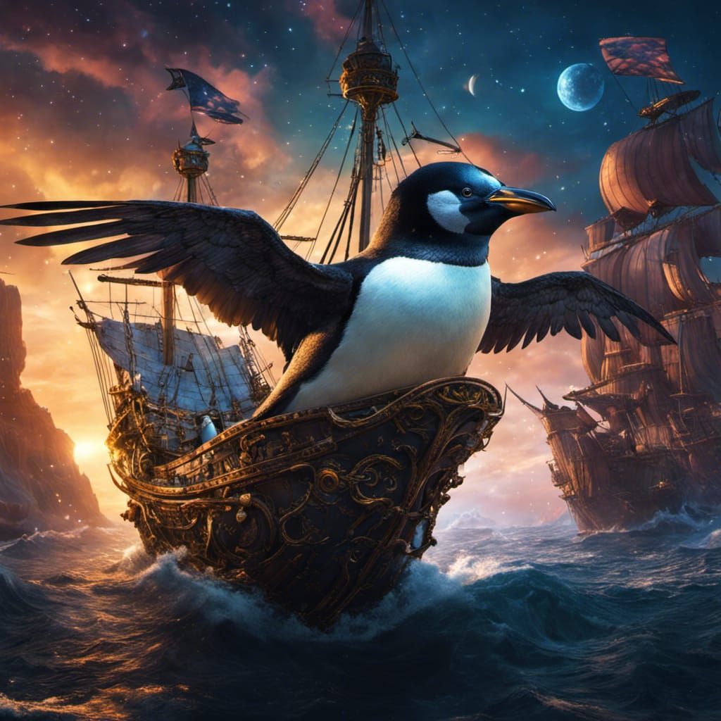 Penguin pirate in a winged ship, close-up shot, floating thr...
