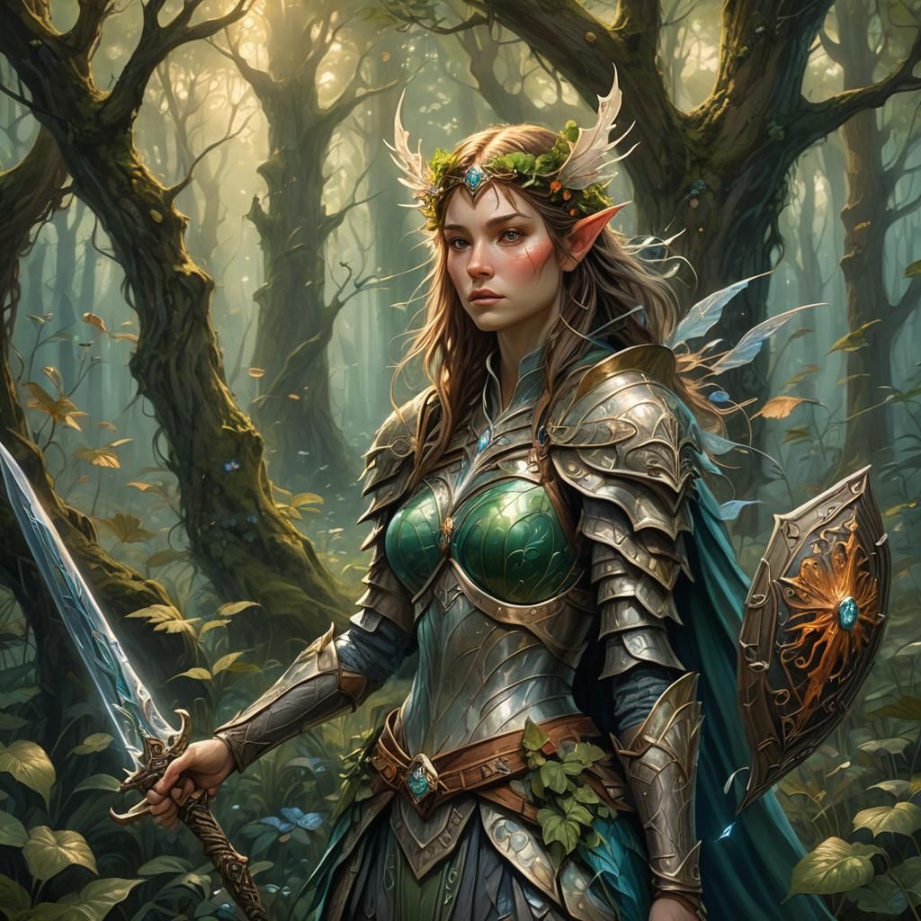Faerie Warrior in Forest Glade: Art Nouveau Digital Painting