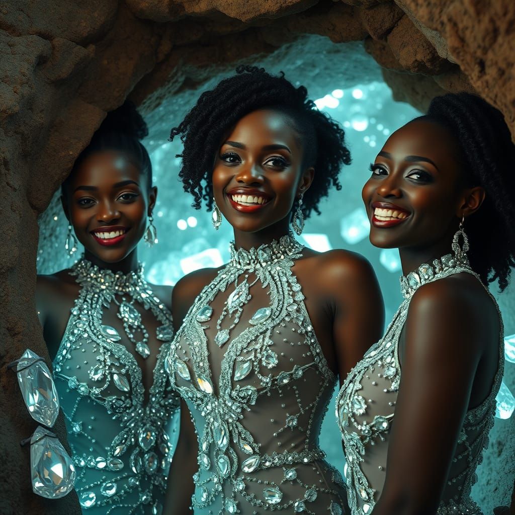 Three Elegant Black Women Emerge from a Cave of Radiant Diam...