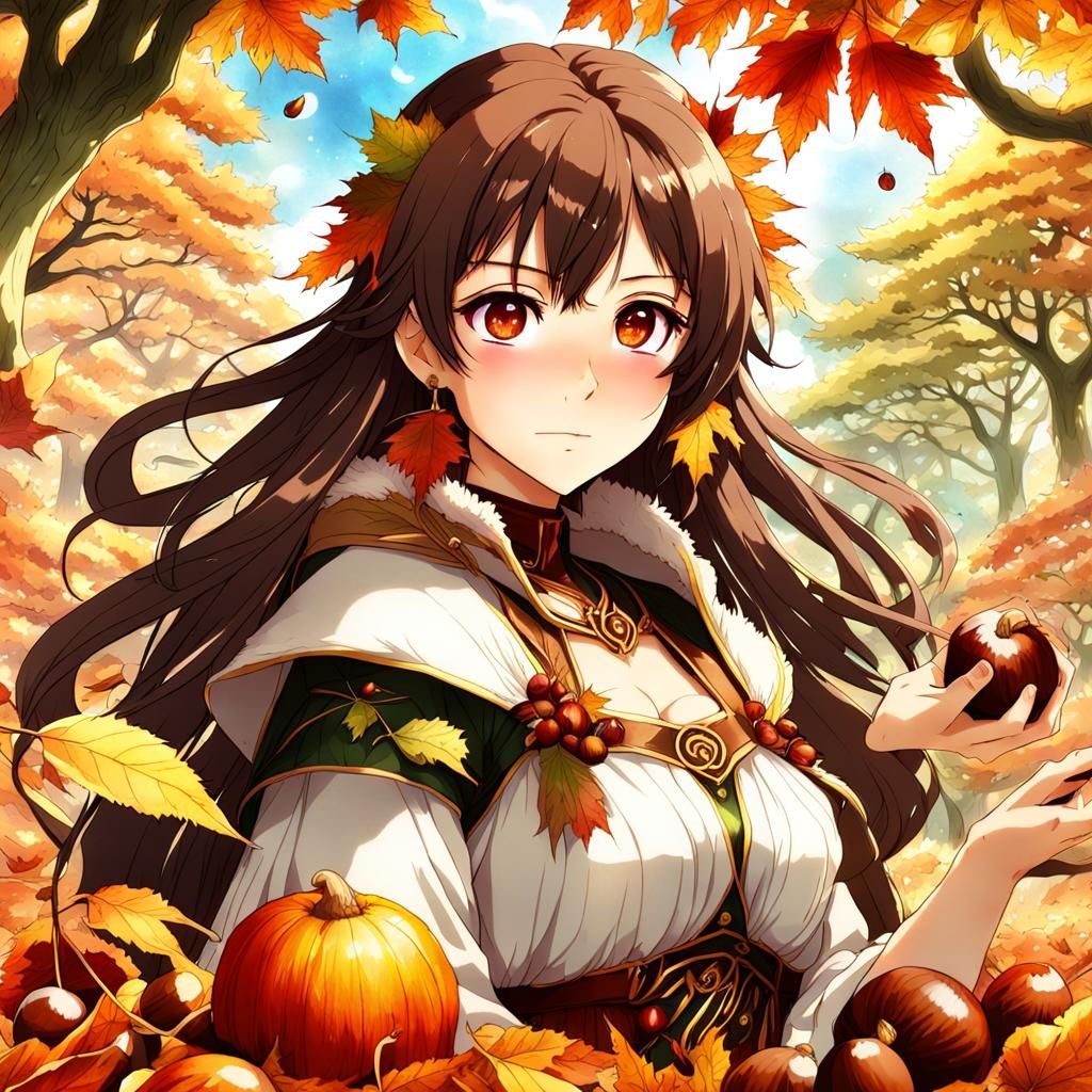 Anime-Style Autumn Goddess Surrounded by Leaves
