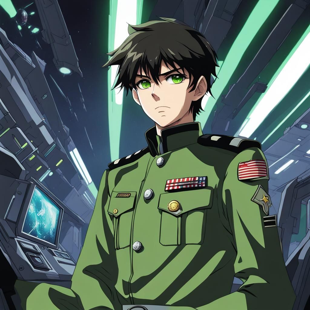 Portrait. Background, space ship's bridge. boy, 15 years, lieutenant, neon green eyes, frown, grimace of hatred and desp...