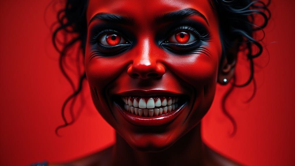 Vibrant Red Portrait with Morbid Smile