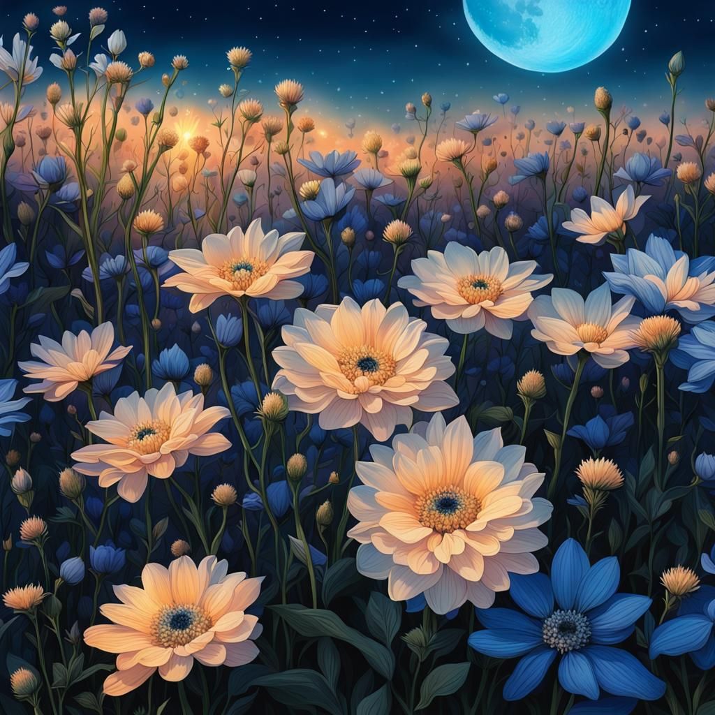 Pastel Blue Flowers Under Moonlit Sky