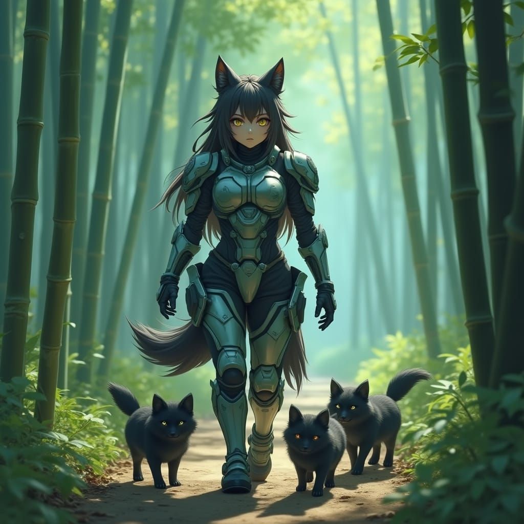 Lycan Warrior with Wolf Face and Kitsune Pups in Sci-Fi Armo...