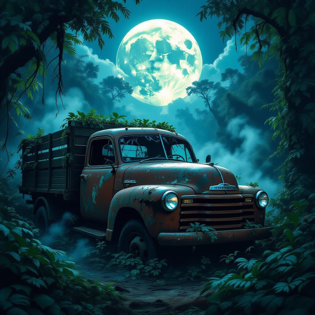 Abandoned Vintage Truck in Jungle Under Full Moon