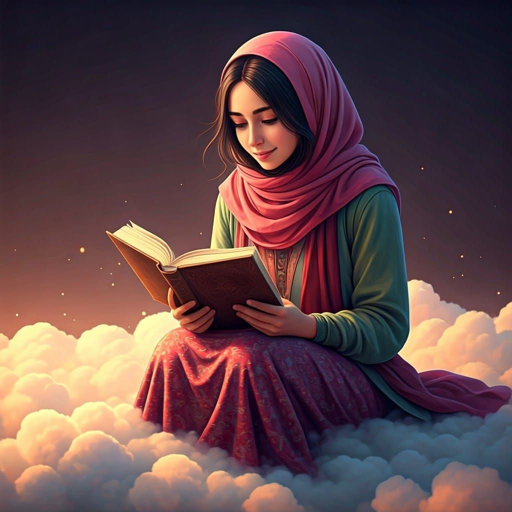 Anime Girl in Hijab Reading on Cloud in Surreal Style