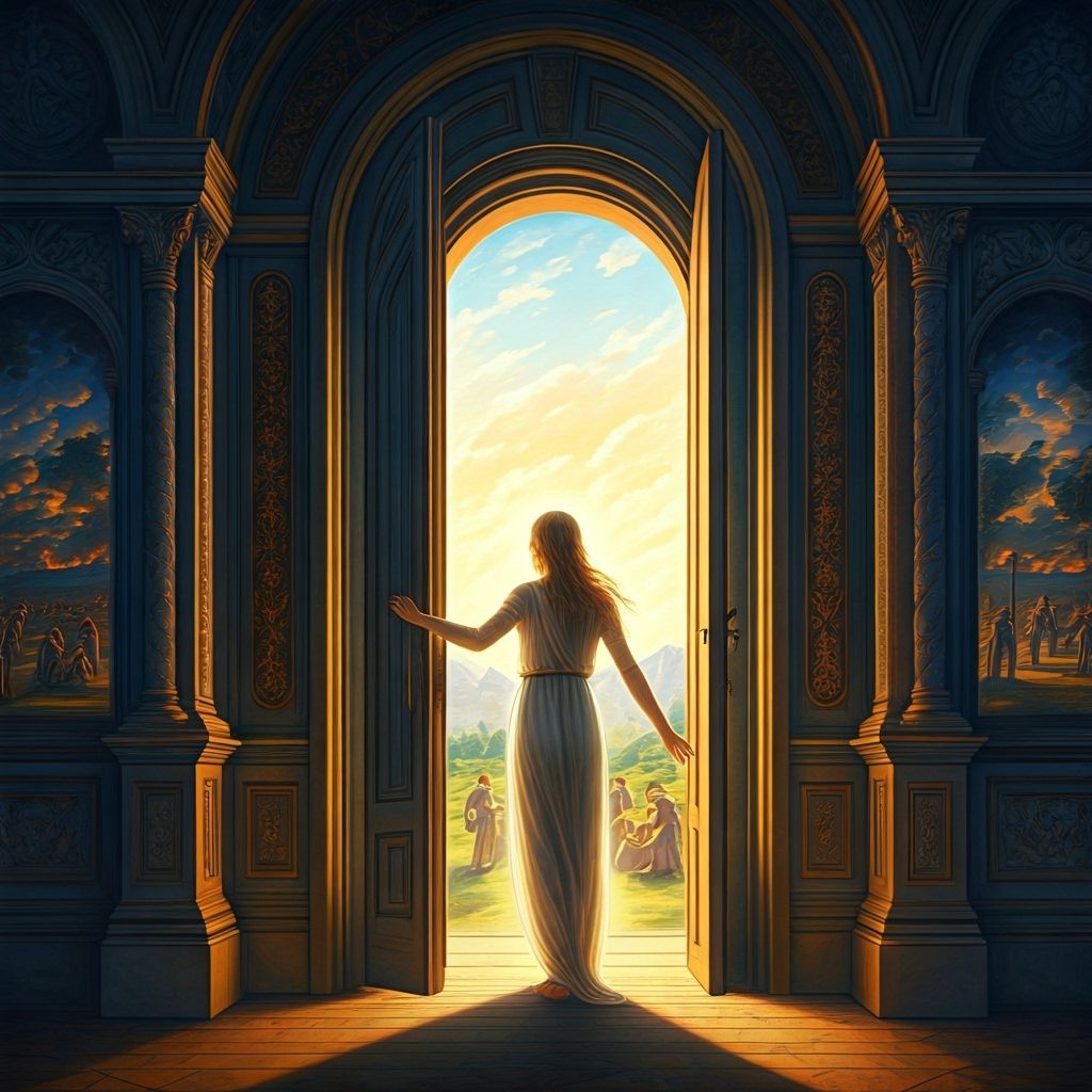 Ethereal Figure Opens Golden Door to Peaceful Landscape