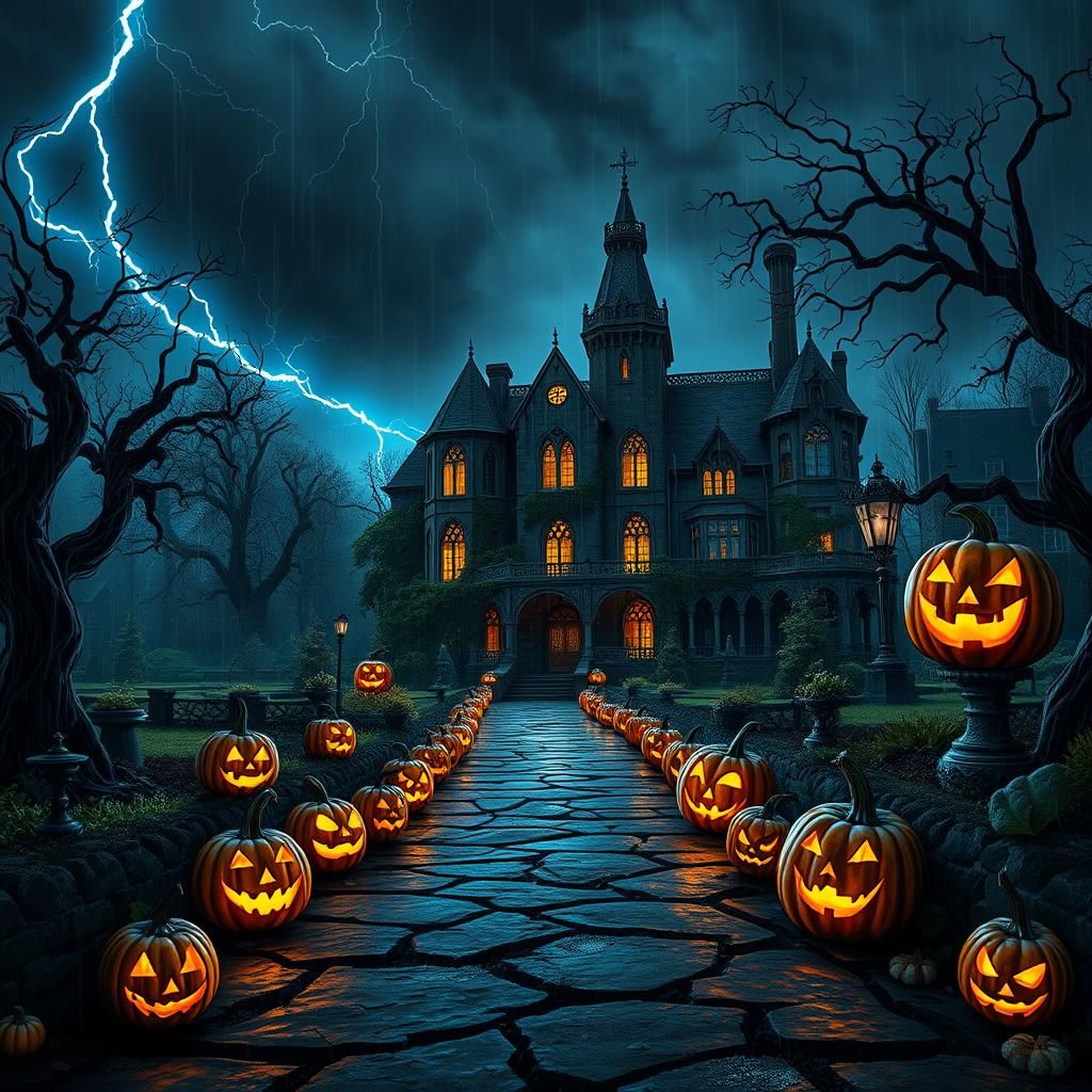 Halloween Pumpkins and Haunted House in Gothic Style