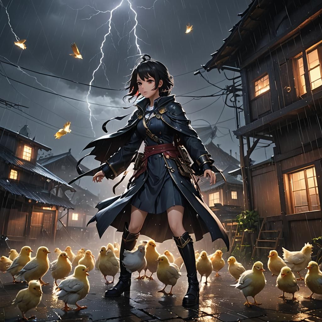 Anime Hen Protects Chicks in Stormy Night