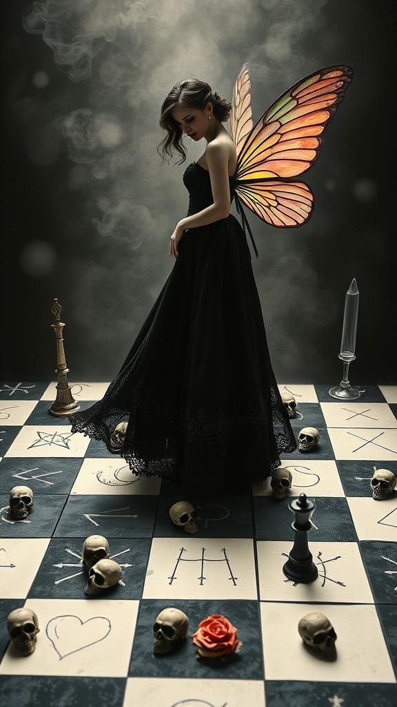 Goth Woman on Chessboard in Surreal Rayograph Style