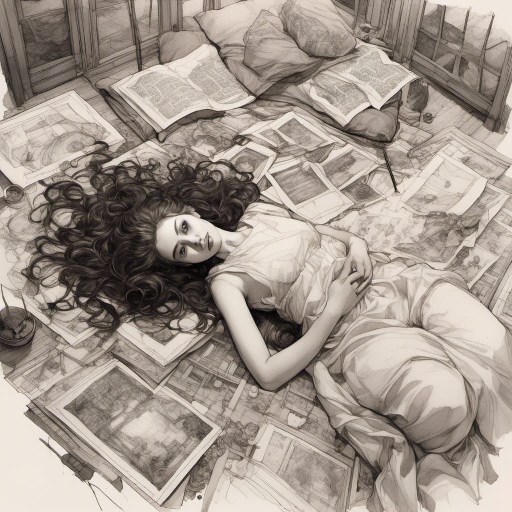 Teenager Surrounded by Drawings in Graphite Style