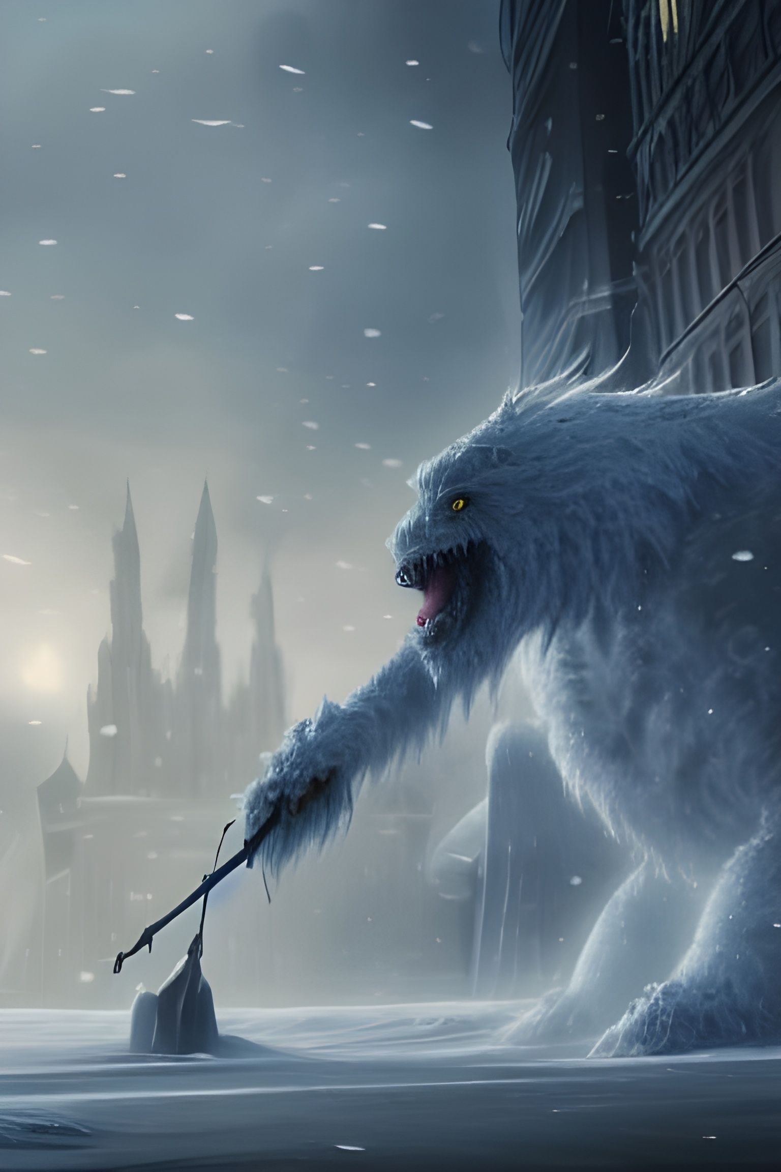 Epic Snow Beast Roams City in Digital Painting