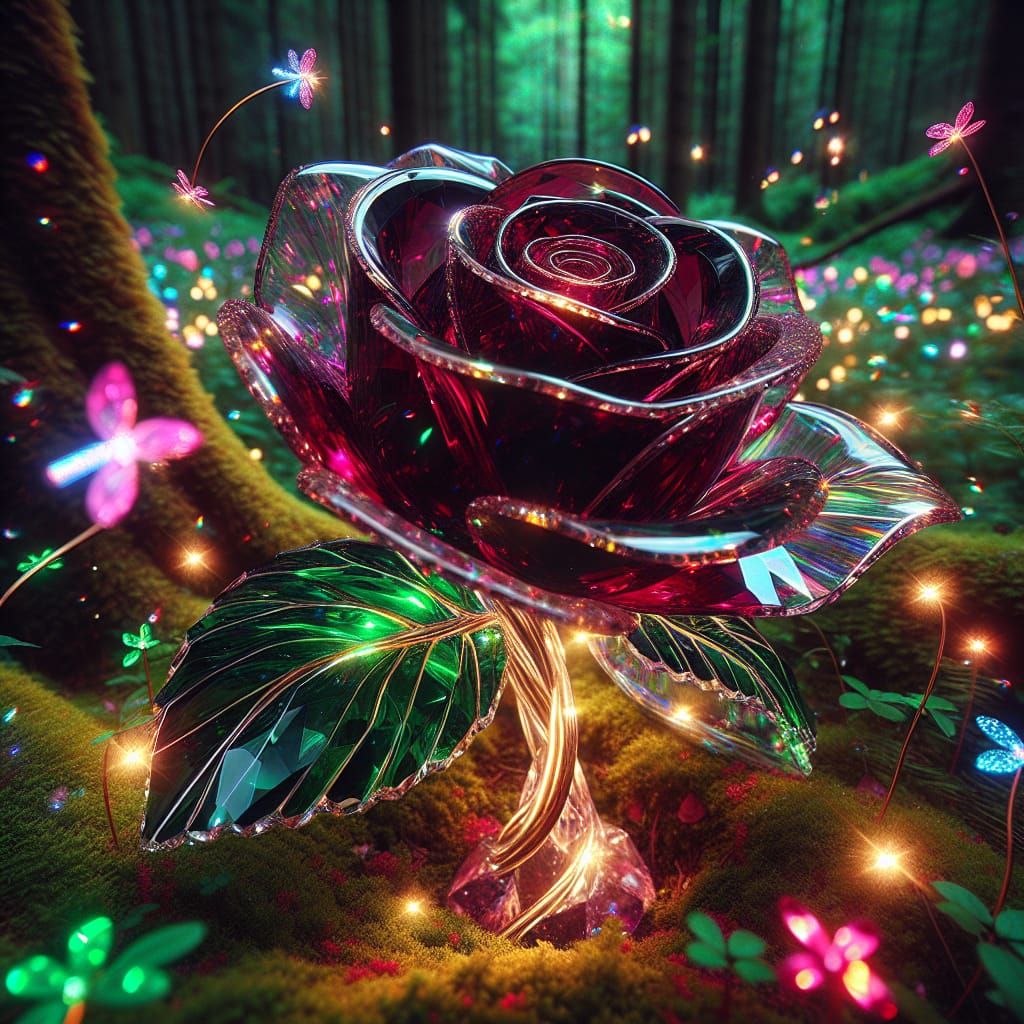 Luminescent Crystal Rose in Enchanted Forest