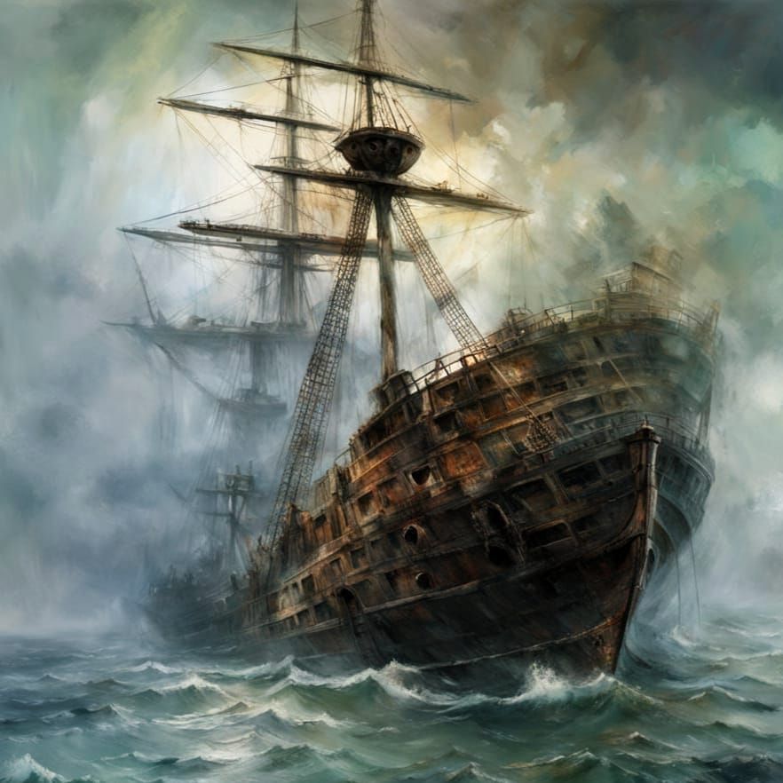 Eerie Ghost Ship Drifting Through Foggy Twilight Waters