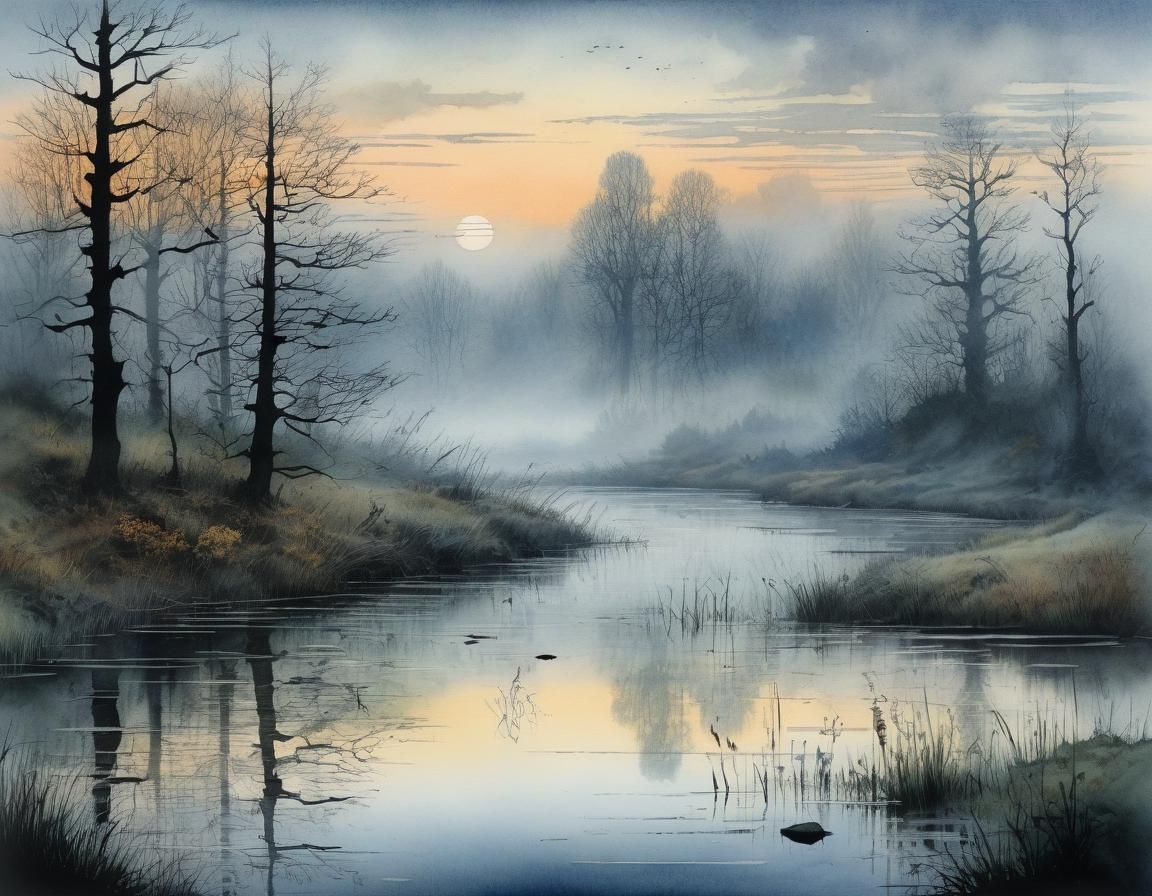 Misty Autumn Sunset: A Minimalist Gothic Watercolour