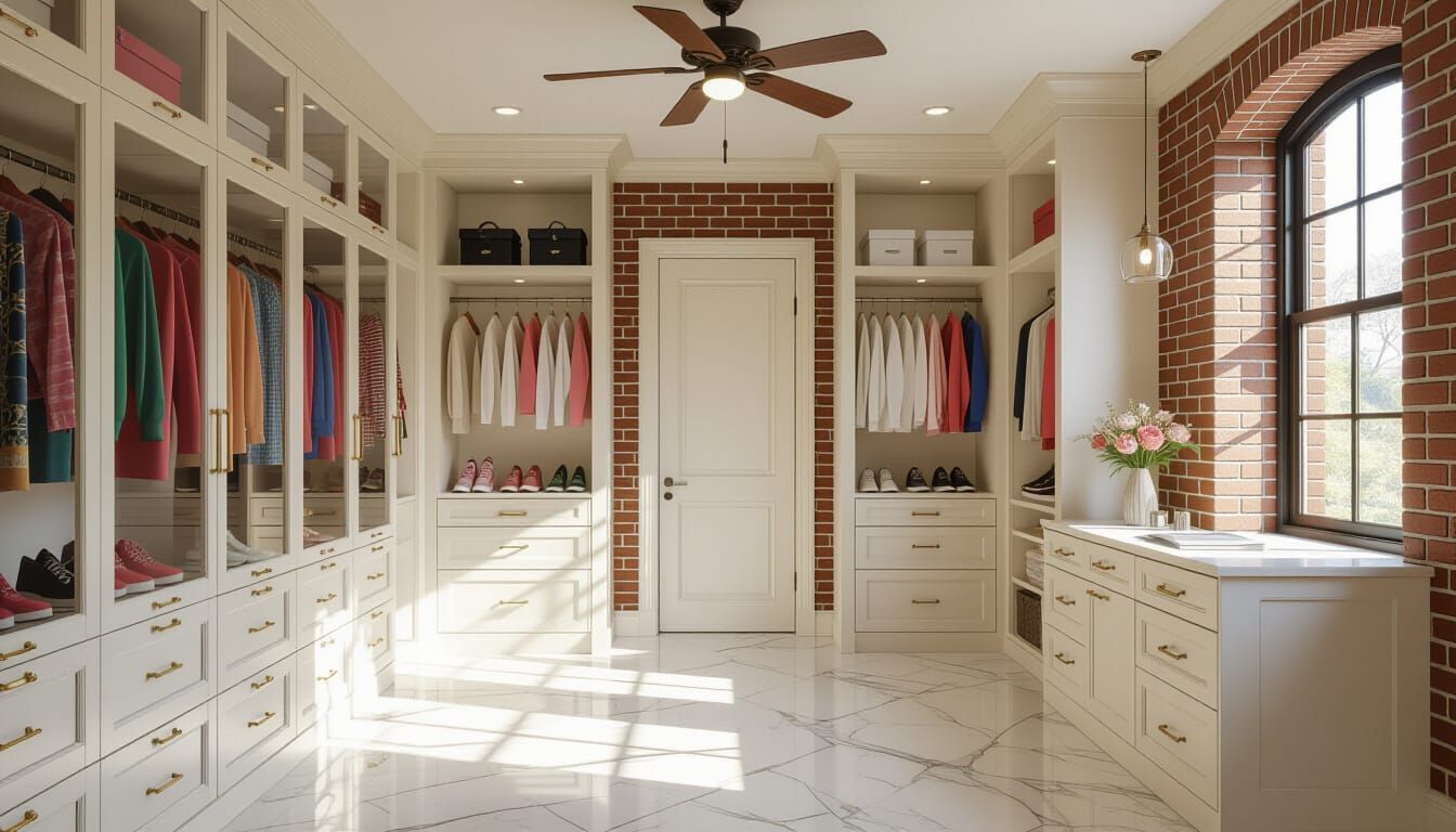 Victorian Walk-In Closet with Exposed Brick and Ivory Accent...