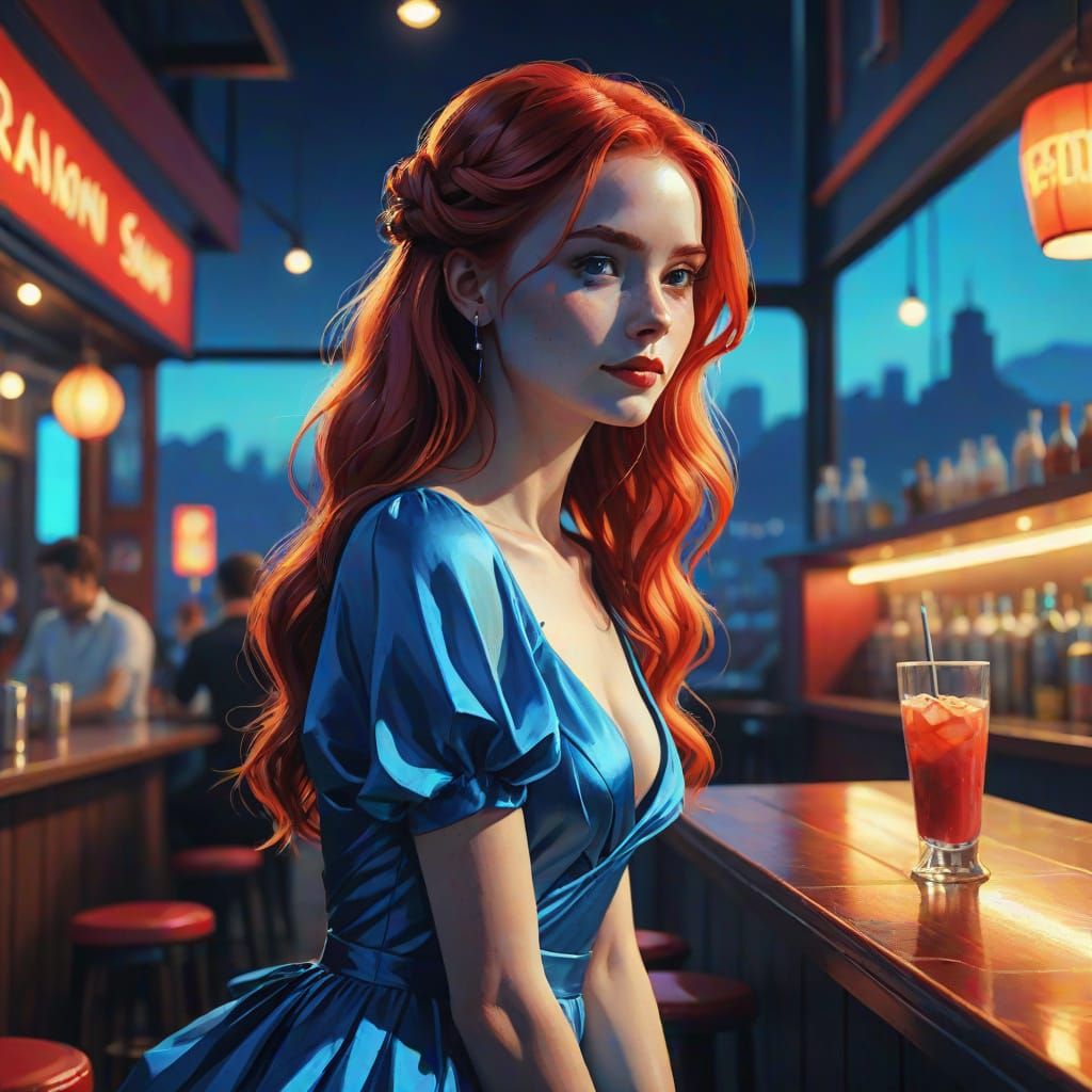 Silk-Punk Woman in Night Cinema Cafe