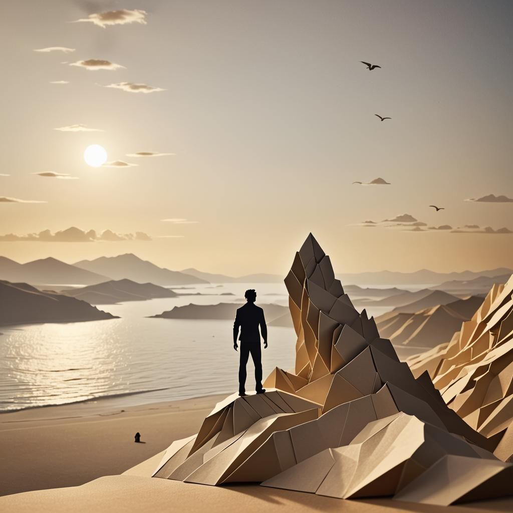 Origami Silhouette Papercraft Landscape at Sunset