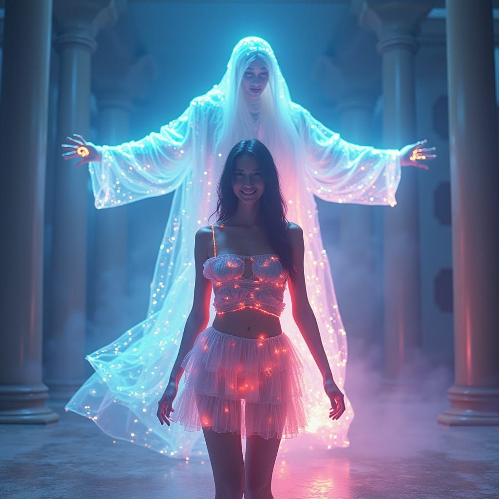 Woman in Neon Dress with Celestial Being