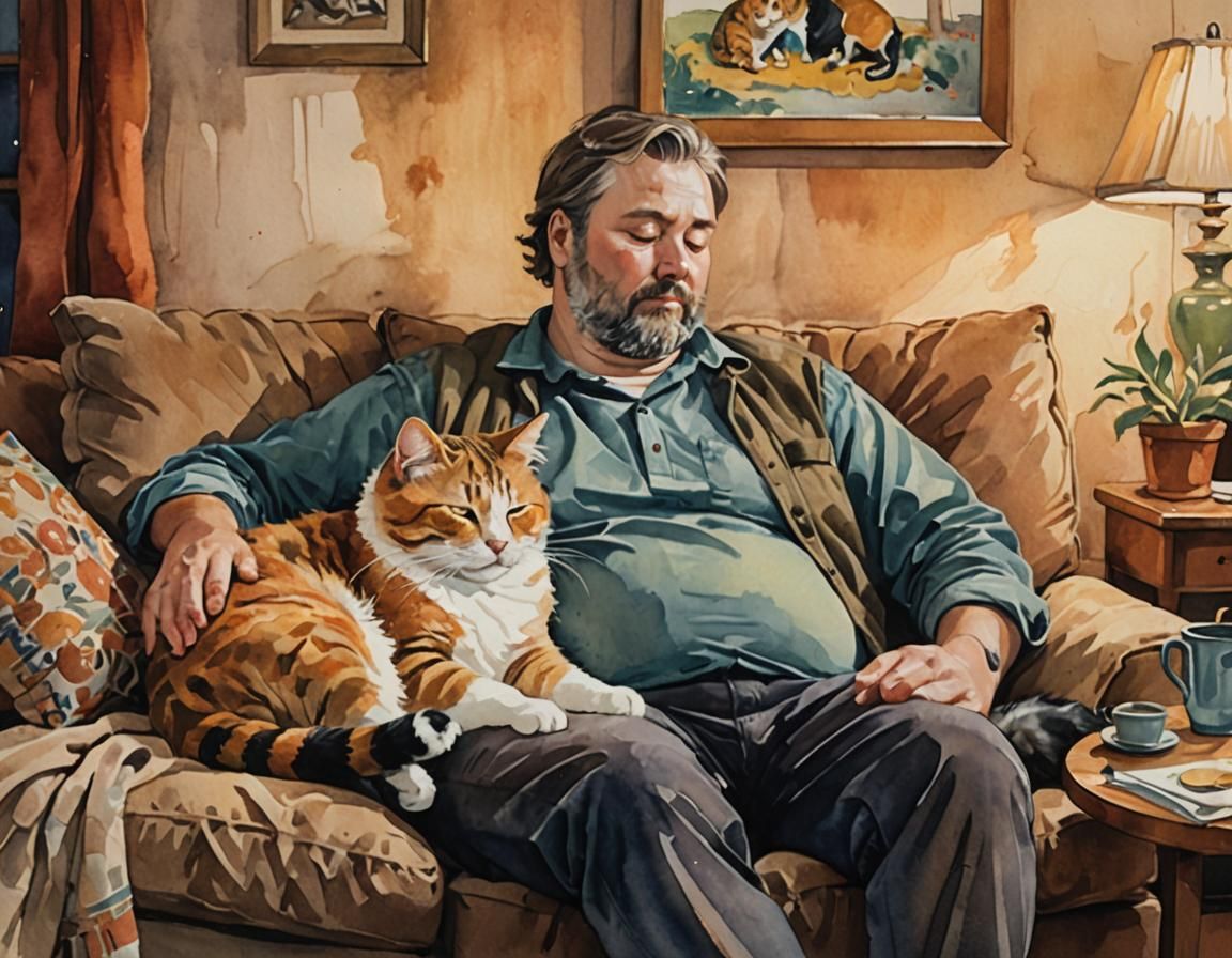 Man and Cat Napping, Warm Gouache Painting