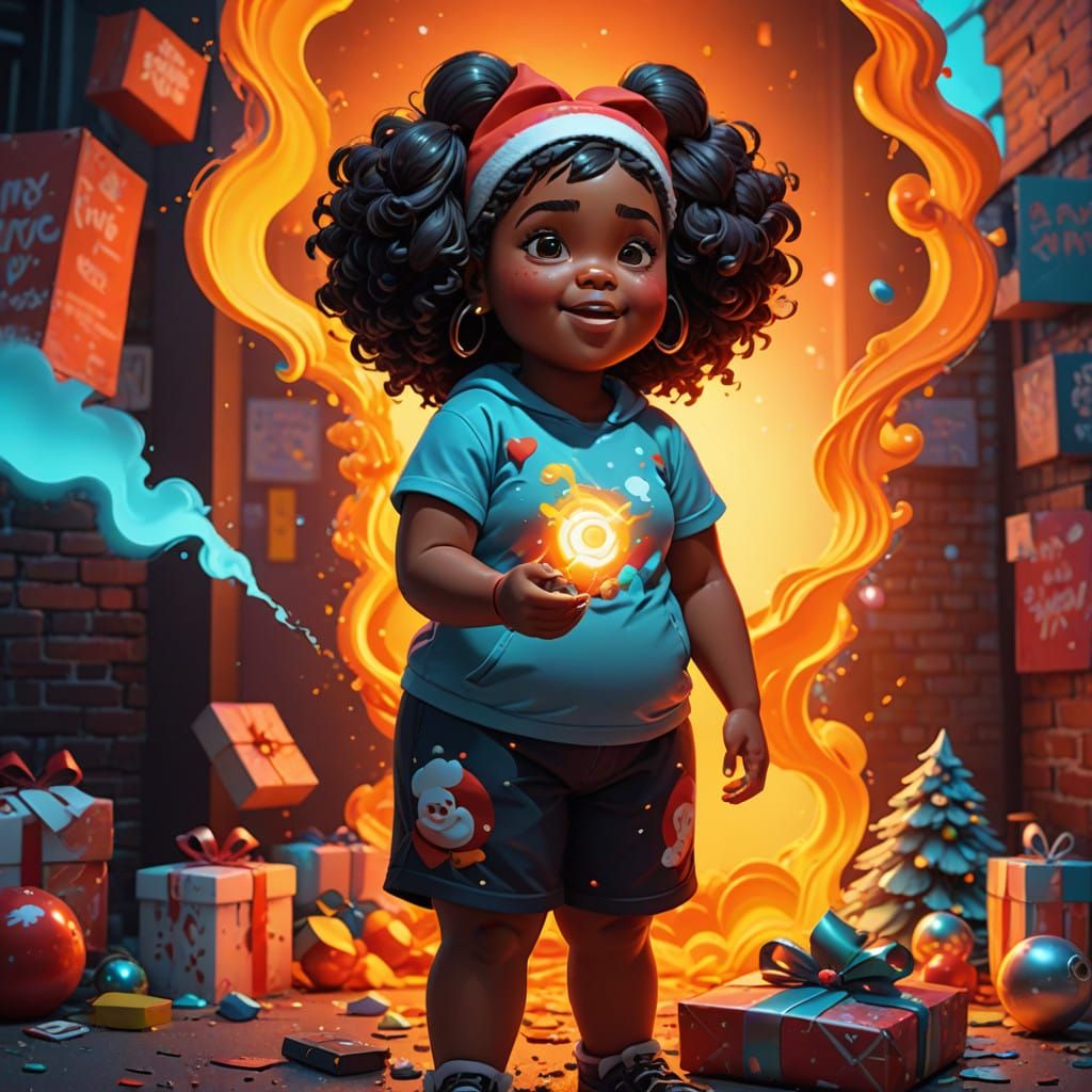 A Chubby Black Girl in Vibrant Christmas Pajamas