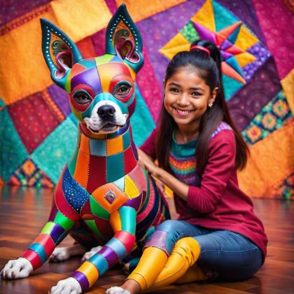 Girl with Patchwork Alebrije Puppy in Colorful Setting