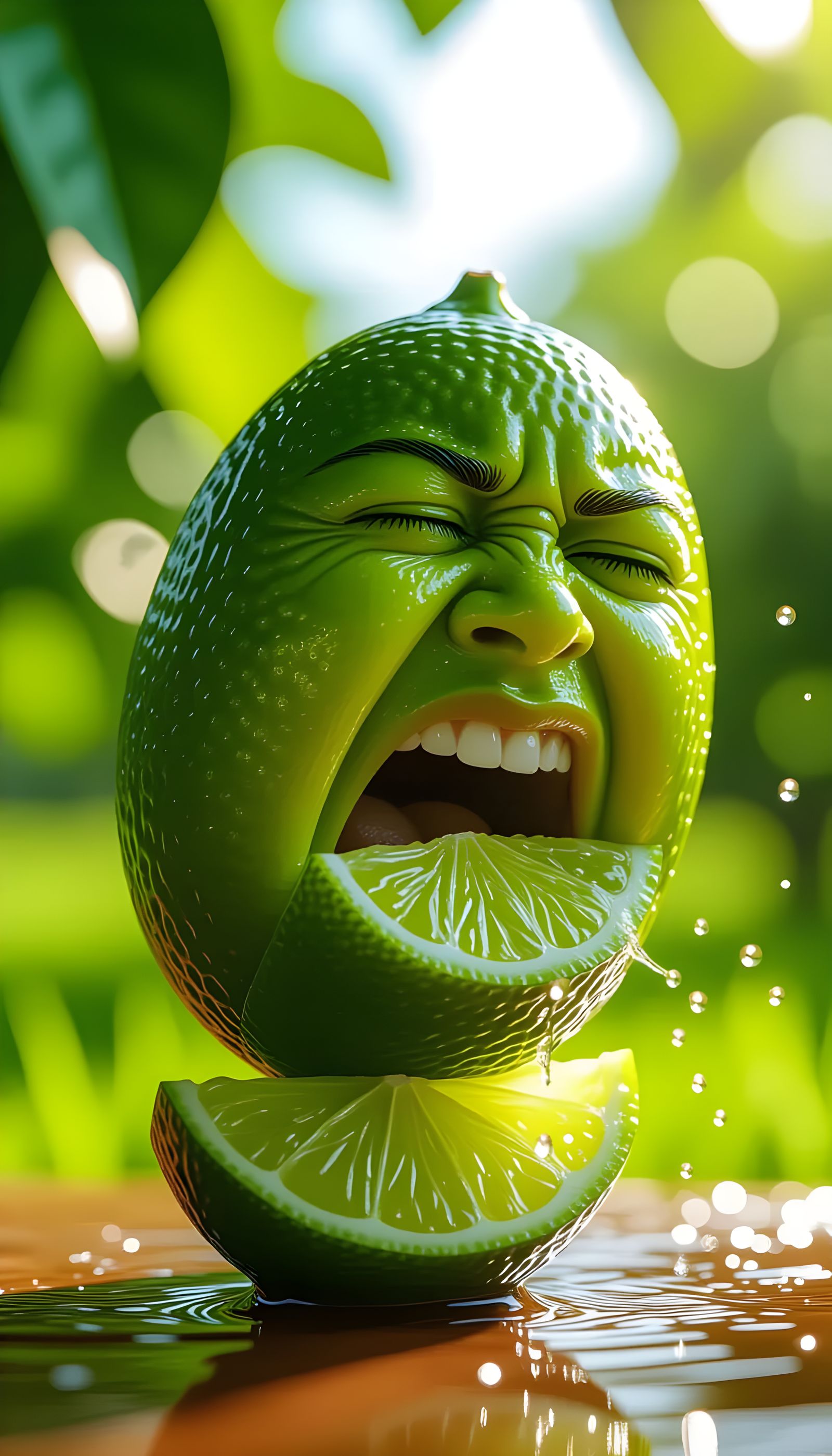 Macro Photo of a Lime With Face Cringing at Sour Slice