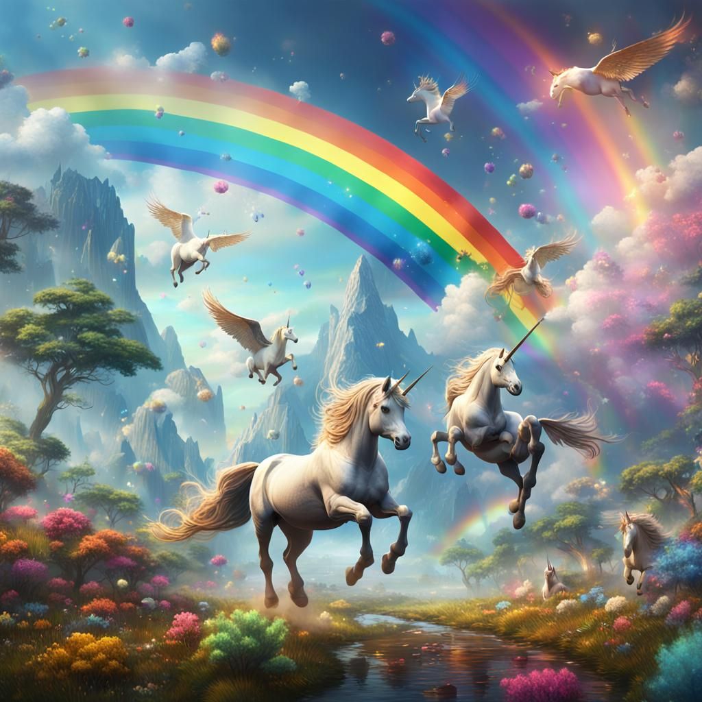 Rainbow Sky with Flying Unicorns: Fantasy Art