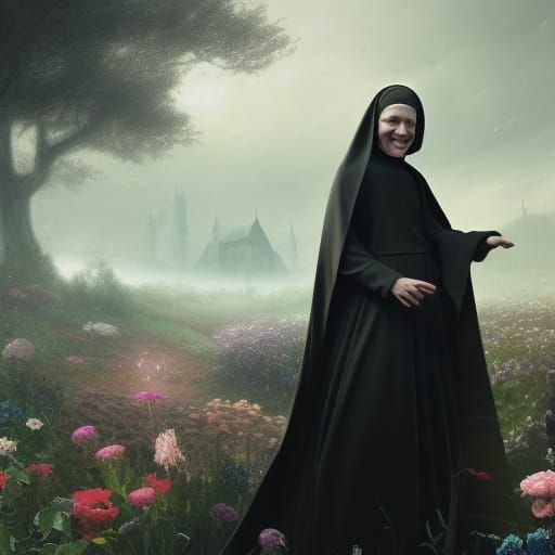 Ethereal Nun in Vibrant Blooming Garden, Digital Matte Paint...