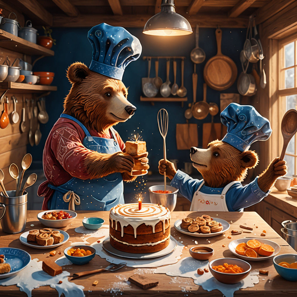 Cozy Bear Family Bakes Cinnamon Cake in Whimsical Gouache St...