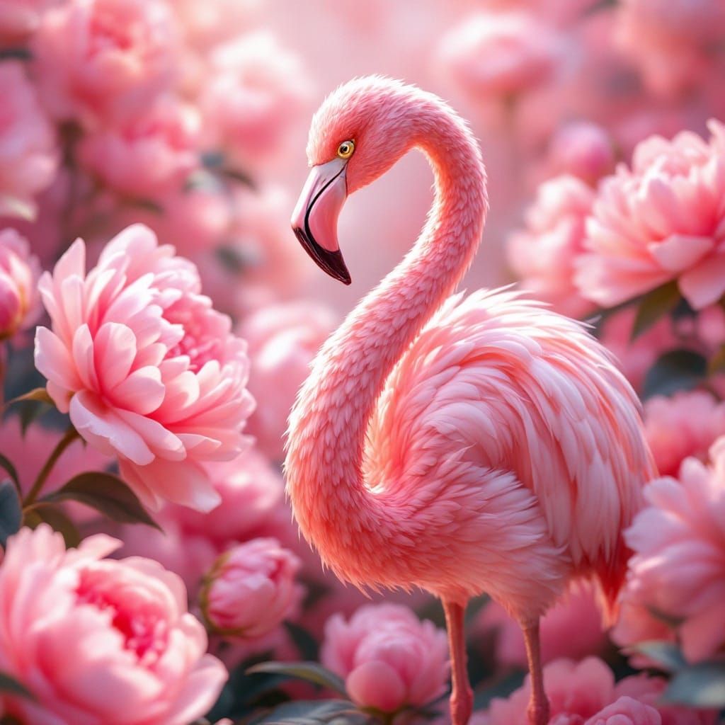 Ethereal Flamingo Amidst Vibrant Pink Peonies in Hyperrealis...