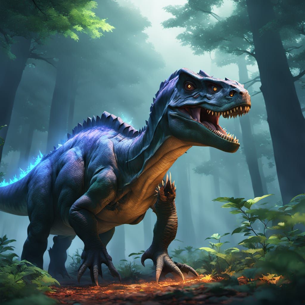 Dinosaur Portrait in Misty Forest, Anime Style