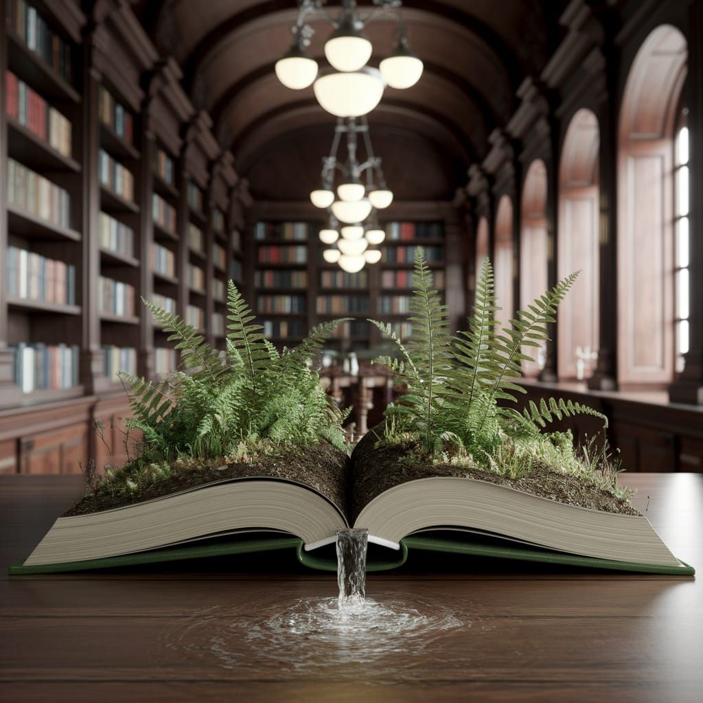 Gardening Book With Ferns and Stream in Library