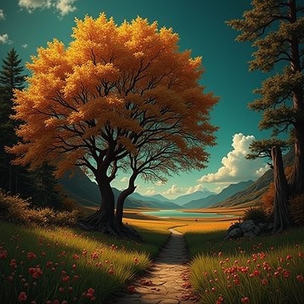 Vibrant Botanic Landscape with Golden Trees