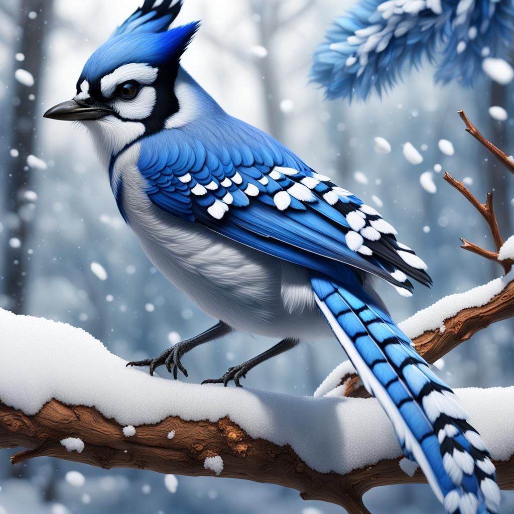 Detailed 3D Blue Jay on Snowy Maple Branch