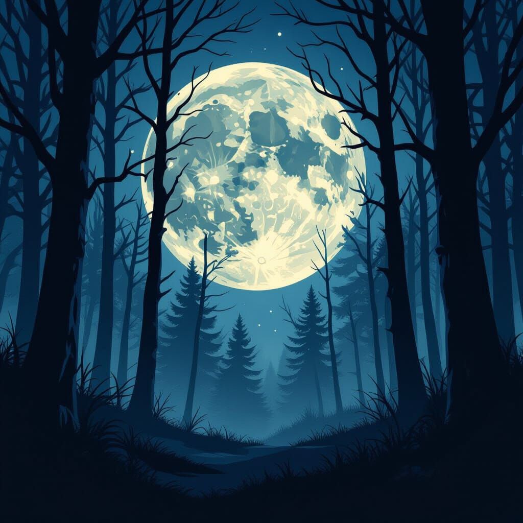 Spooky Moon Shining Through Dark Woods