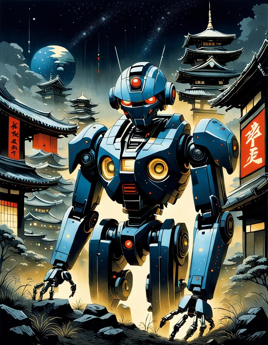 Robot Geisha in Japanese Print Style