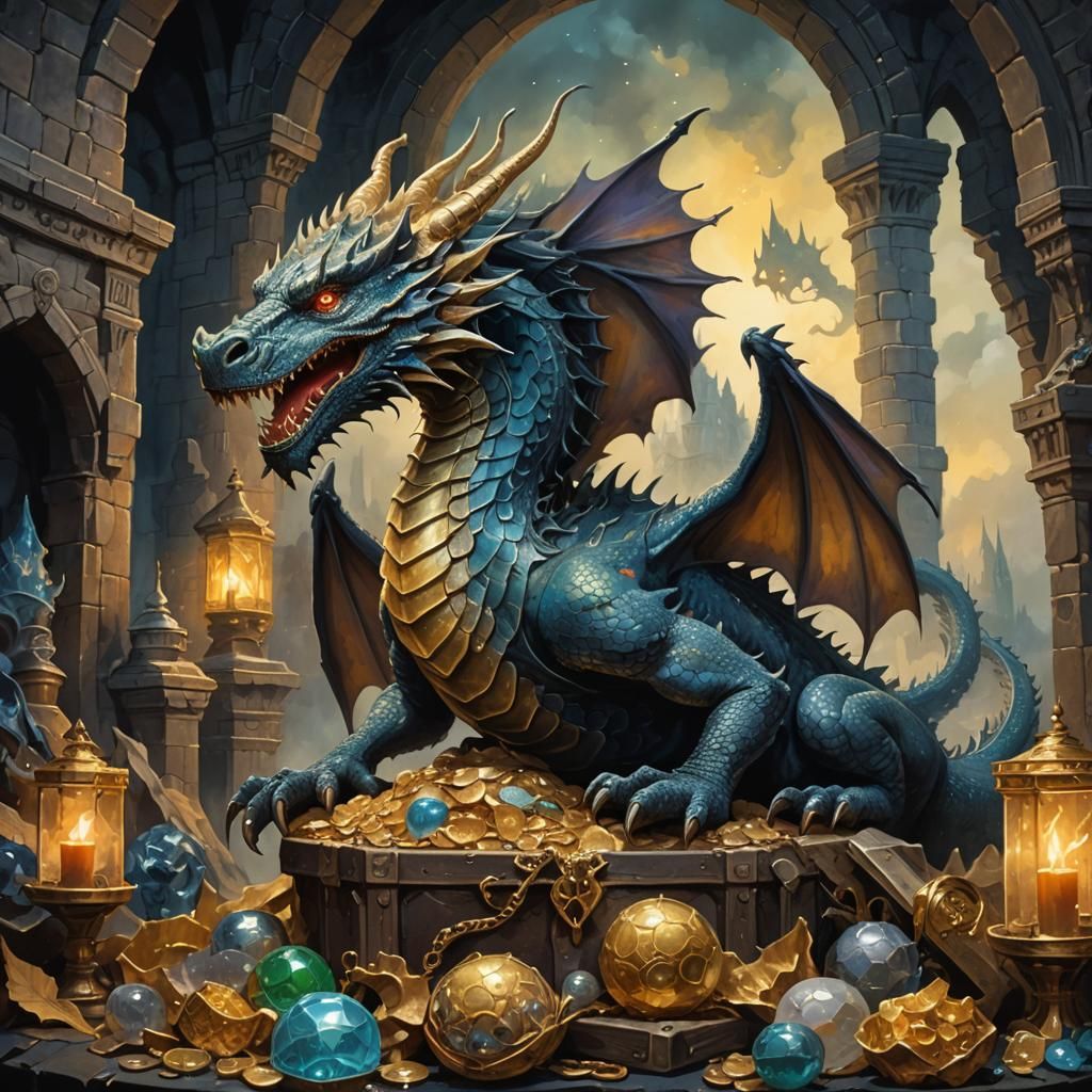 Gloomy Dragon on Treasure Hoard in Gouache Style