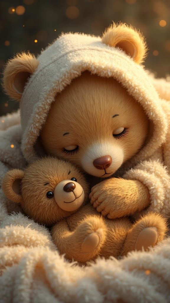 Baby Bear Snuggles Teddy Bear in Cozy Blanket