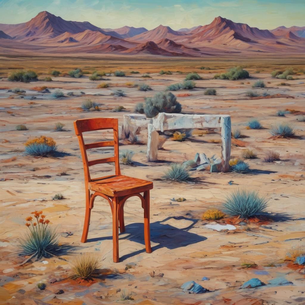 Surreal Furniture in Desert, Expressionist Oil Painting