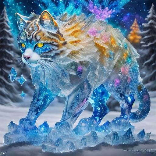 Icy Cat Sculpture with Starry Fur