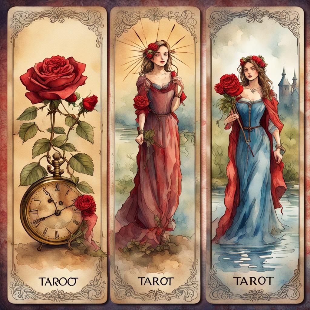 Vintage Tarot Cards with Roses and River in Watercolor