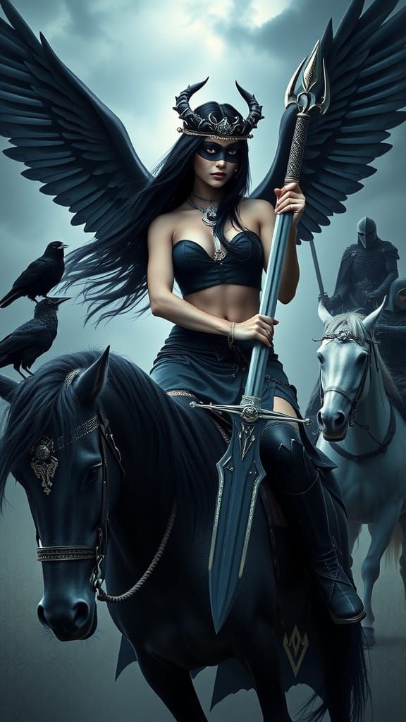 Morrigan, Dark Fantasy Goddess Rides Unicorn in Stormy Sky