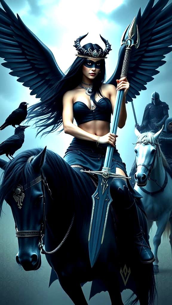 Celtic Goddess of Fate Rides Unicorn in Stormy Sky