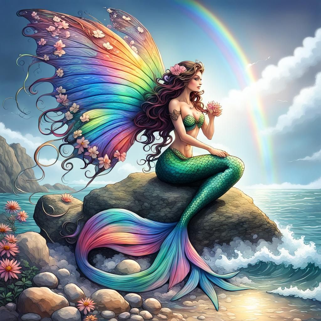A Beautiful Rainbow Mermaid is Sitting on a Rock