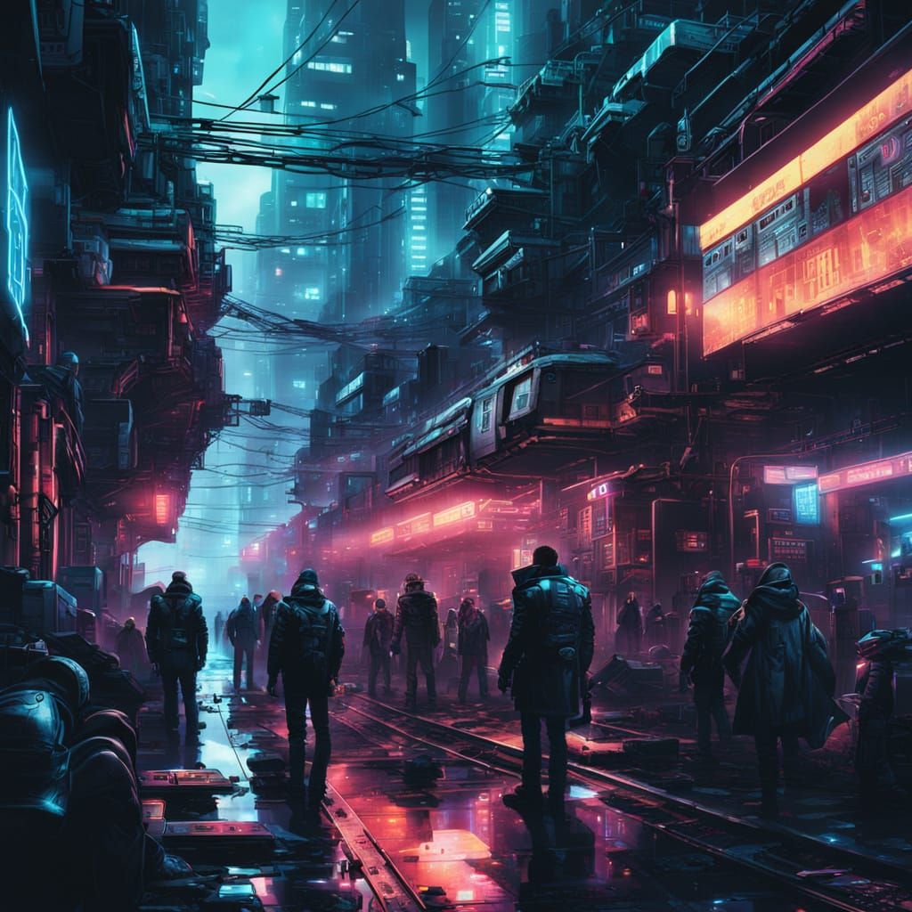 Cyberpunk City Scene with AI Machines in Neon Noir Style