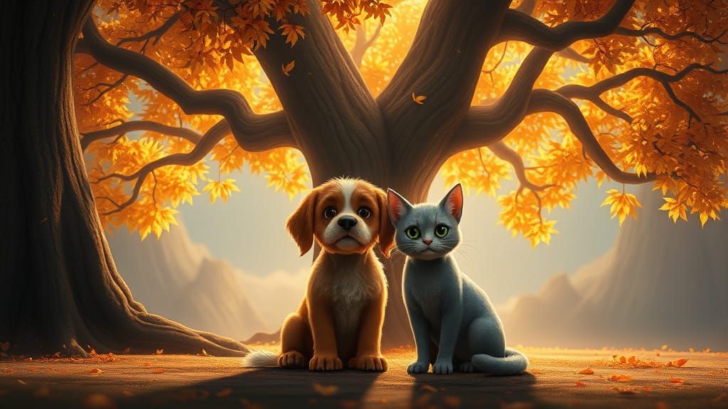 Surreal Friends Share Wistful Moment Under Glowing Tree